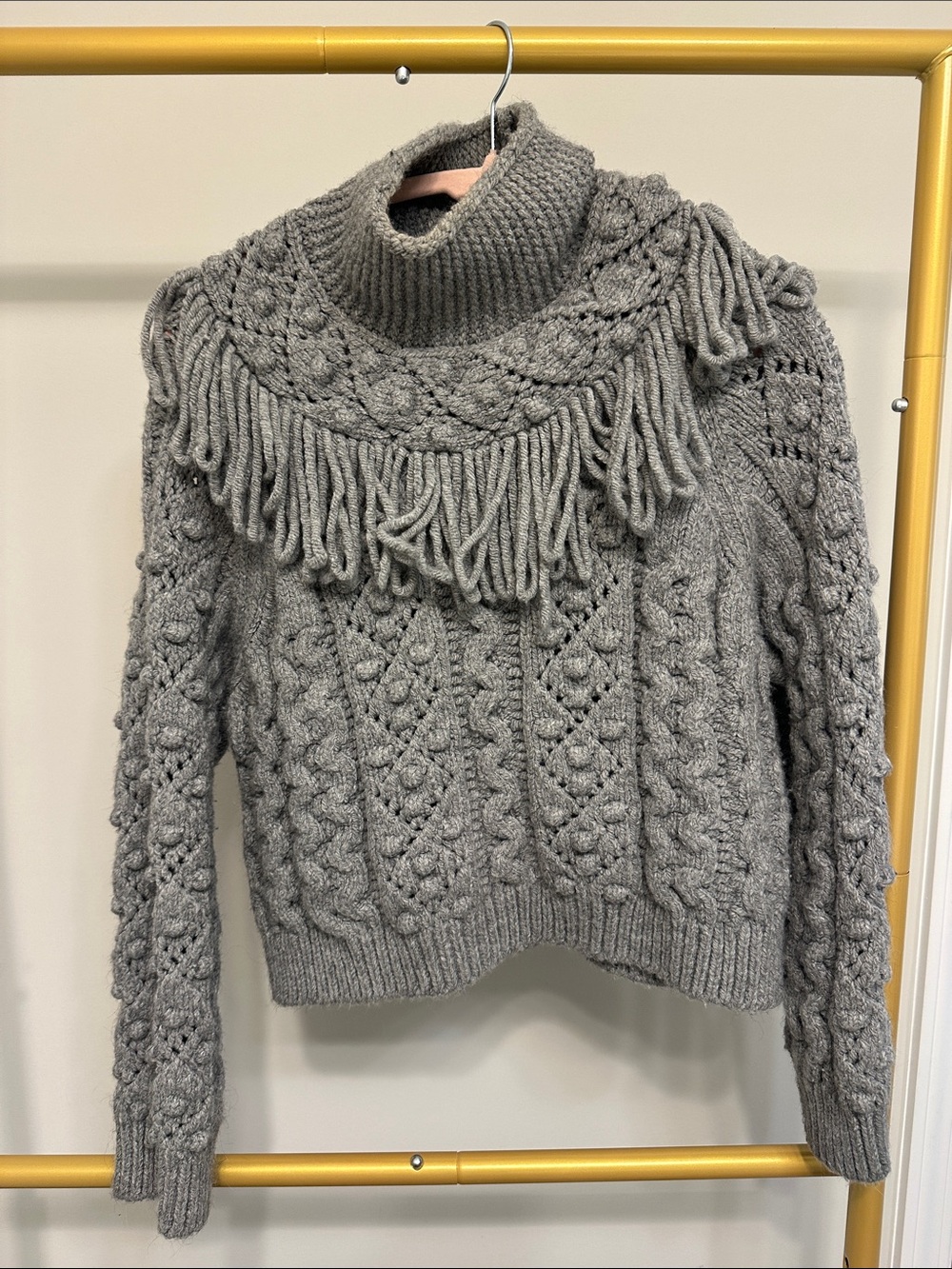 Zara Gray Cable-Knit Turtleneck Sweater with Fringe Yoke